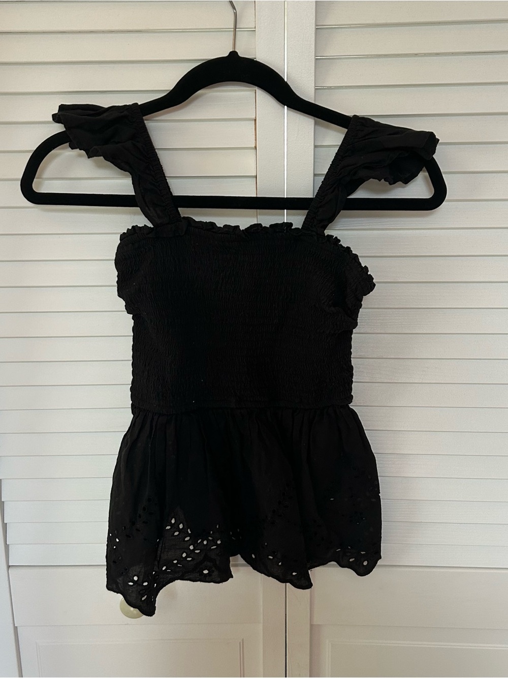 Women's Black Smocked Ruffle Strap Peplum Top - Size XS
